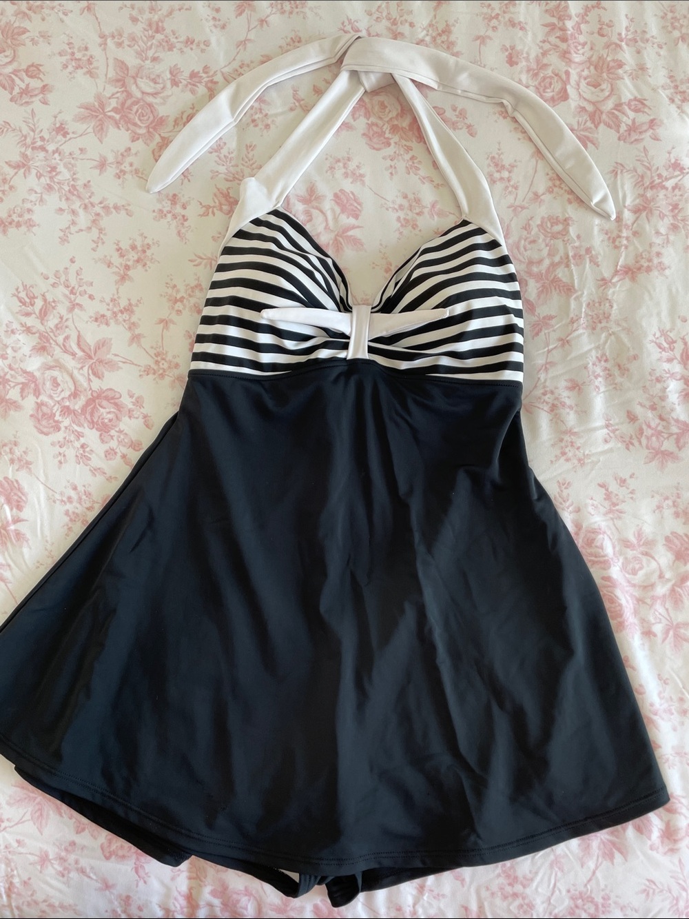 COCOSHIP Black and White Striped Halter Skirted One-Piece Swimsuit